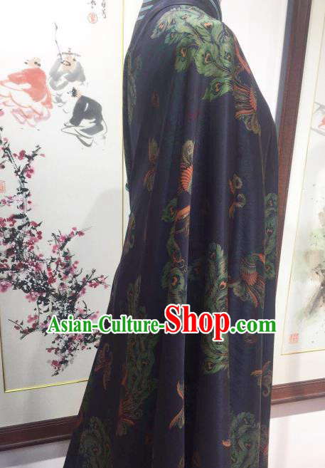 Asian Chinese Traditional Peacock Pattern Design Navy Gambiered Guangdong Gauze Fabric Silk Material Asian Chinese Traditional Peacock Pattern Design Navy Gambiered Guangdong Gauze Fabric Silk Material