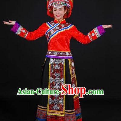 Chinese Traditional Achang Nationality Red Dress Ethnic Folk Dance Stage Show Costume for Women