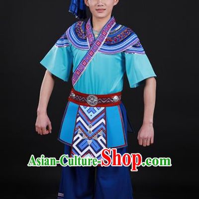 Chinese Traditional Yao Nationality Blue Outfits Ethnic Minority Folk Dance Stage Show Costume for Men