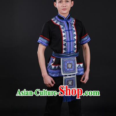 Chinese Traditional Zhuang Nationality Black Outfits Ethnic Minority Folk Dance Stage Show Costume for Men
