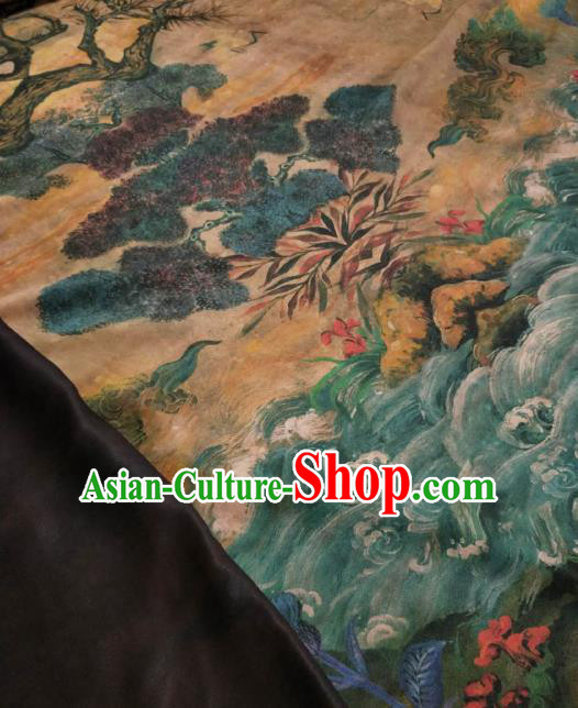 Asian Chinese Traditional Wave Crane Pattern Design Ginger Gambiered Guangdong Gauze Fabric Silk Material Asian Chinese Traditional Wave Crane Pattern Design Ginger Gambiered Guangdong Gauze Fabric Silk Material