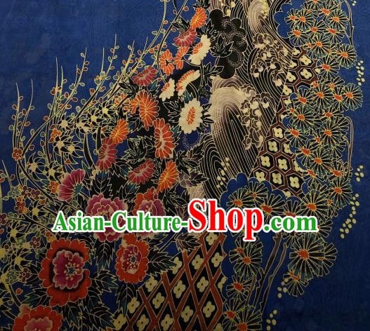 Asian Chinese Traditional Chrysanthemum Peony Pattern Design Navy Gambiered Guangdong Gauze Fabric Silk Material Asian Chinese Traditional Chrysanthemum Peony Pattern Design Navy Gambiered Guangdong Gauze Fabric Silk Material