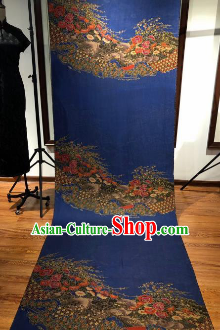 Asian Chinese Traditional Chrysanthemum Peony Pattern Design Navy Gambiered Guangdong Gauze Fabric Silk Material Asian Chinese Traditional Chrysanthemum Peony Pattern Design Navy Gambiered Guangdong Gauze Fabric Silk Material