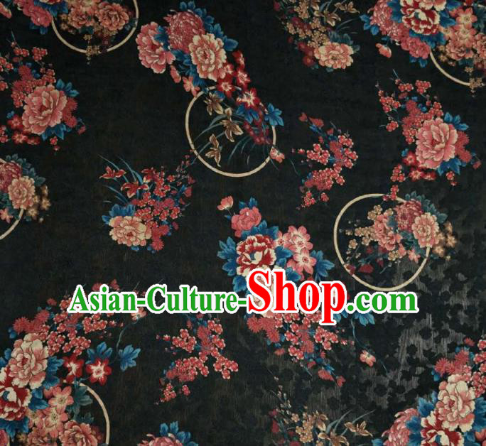 Asian Chinese Traditional Peony Plum Pattern Design Navy Gambiered Guangdong Gauze Fabric Silk Material Asian Chinese Traditional Peony Plum Pattern Design Navy Gambiered Guangdong Gauze Fabric Silk Material