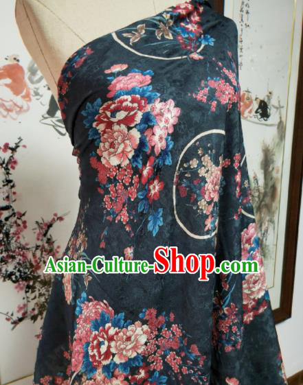 Asian Chinese Traditional Peony Plum Pattern Design Navy Gambiered Guangdong Gauze Fabric Silk Material Asian Chinese Traditional Peony Plum Pattern Design Navy Gambiered Guangdong Gauze Fabric Silk Material