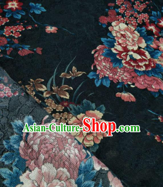 Asian Chinese Traditional Peony Plum Pattern Design Navy Gambiered Guangdong Gauze Fabric Silk Material Asian Chinese Traditional Peony Plum Pattern Design Navy Gambiered Guangdong Gauze Fabric Silk Material