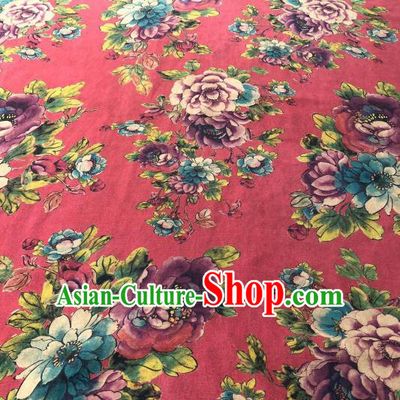 Asian Chinese Classical Peony Pattern Design Red Gambiered Guangdong Gauze Fabric Traditional Silk Material
