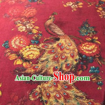 Asian Chinese Classical Peacock Peony Pattern Design Red Gambiered Guangdong Gauze Fabric Traditional Silk Material