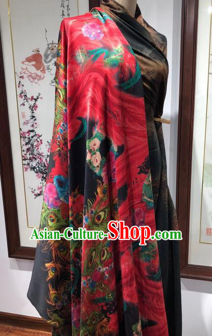Asian Chinese Classical Peacock Pattern Design Red Gambiered Guangdong Gauze Fabric Traditional Silk Material Asian Chinese Classical Peacock Pattern Design Red Gambiered Guangdong Gauze Fabric Traditional Silk Material