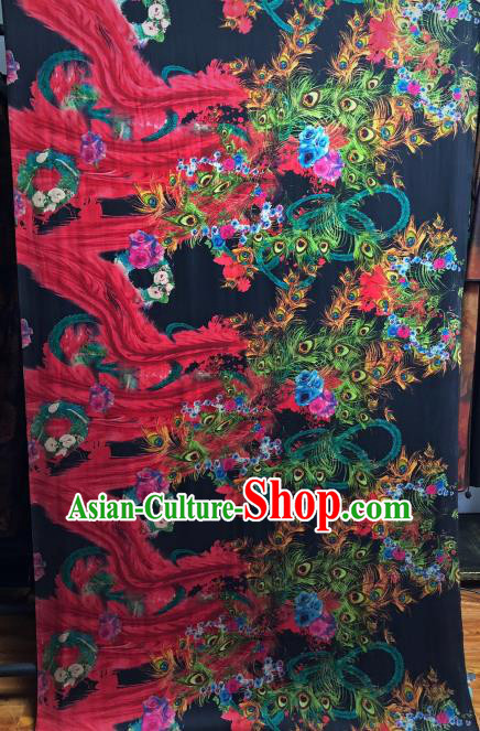 Asian Chinese Classical Peacock Pattern Design Red Gambiered Guangdong Gauze Fabric Traditional Silk Material Asian Chinese Classical Peacock Pattern Design Red Gambiered Guangdong Gauze Fabric Traditional Silk Material