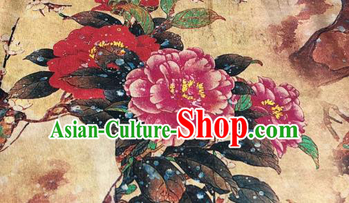 Asian Chinese Classical Peony Pattern Design Ginger Gambiered Guangdong Gauze Fabric Traditional Silk Material Asian Chinese Classical Peony Pattern Design Ginger Gambiered Guangdong Gauze Fabric Traditional Silk Material