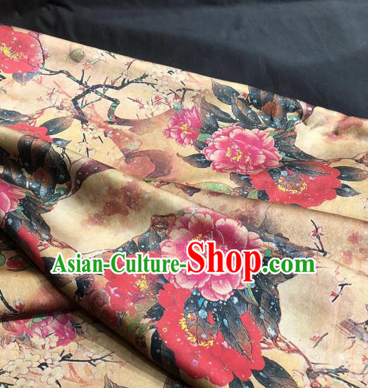 Asian Chinese Classical Peony Pattern Design Ginger Gambiered Guangdong Gauze Fabric Traditional Silk Material Asian Chinese Classical Peony Pattern Design Ginger Gambiered Guangdong Gauze Fabric Traditional Silk Material