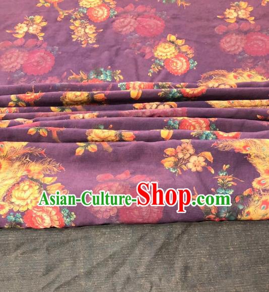 Asian Chinese Classical Peacock Pattern Design Purple Gambiered Guangdong Gauze Fabric Traditional Silk Material Asian Chinese Classical Peacock Pattern Design Purple Gambiered Guangdong Gauze Fabric Traditional Silk Material