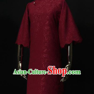 Chinese Traditional Wine Red Cheongsam Costume Republic of China Mandarin Qipao Dress for Women