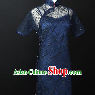 Chinese Traditional Blue Silk Cheongsam Costume Republic of China Mandarin Qipao Dress for Women
