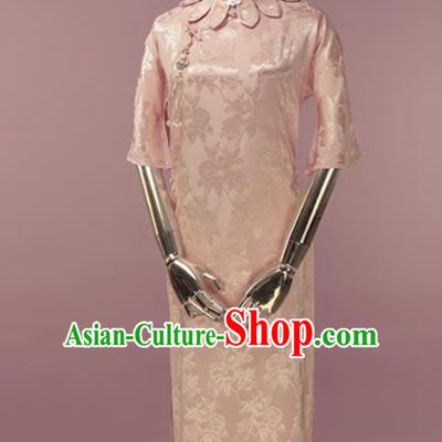 Chinese Traditional Light Pink Silk Cheongsam Costume Republic of China Mandarin Qipao Dress for Women