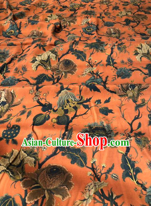 Asian Chinese Classical Flowers Pattern Design Orange Gambiered Guangdong Gauze Fabric Traditional Silk Material Asian Chinese Classical Flowers Pattern Design Orange Gambiered Guangdong Gauze Fabric Traditional Silk Material