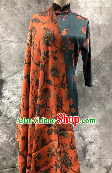 Asian Chinese Classical Flowers Pattern Design Orange Gambiered Guangdong Gauze Fabric Traditional Silk Material Asian Chinese Classical Flowers Pattern Design Orange Gambiered Guangdong Gauze Fabric Traditional Silk Material