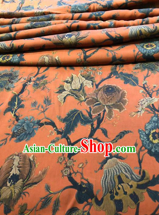 Asian Chinese Classical Flowers Pattern Design Orange Gambiered Guangdong Gauze Fabric Traditional Silk Material Asian Chinese Classical Flowers Pattern Design Orange Gambiered Guangdong Gauze Fabric Traditional Silk Material