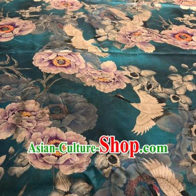 Asian Chinese Classical Crane Peony Pattern Design Peacock Green Gambiered Guangdong Gauze Fabric Traditional Silk Material