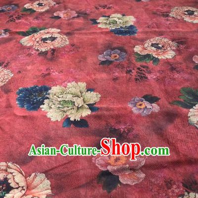 Asian Chinese Classical Peony Pattern Design Red Gambiered Guangdong Gauze Fabric Traditional Silk Material