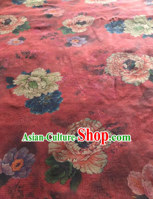 Asian Chinese Classical Peony Pattern Design Red Gambiered Guangdong Gauze Fabric Traditional Silk Material Asian Chinese Classical Peony Pattern Design Red Gambiered Guangdong Gauze Fabric Traditional Silk Material