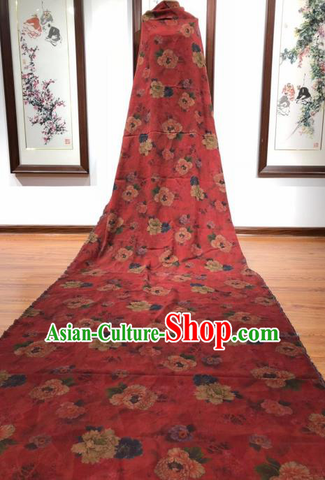 Asian Chinese Classical Peony Pattern Design Red Gambiered Guangdong Gauze Fabric Traditional Silk Material Asian Chinese Classical Peony Pattern Design Red Gambiered Guangdong Gauze Fabric Traditional Silk Material