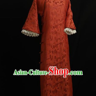 Chinese Traditional Rust Red Cheongsam Costume Republic of China Mandarin Qipao Dress for Women