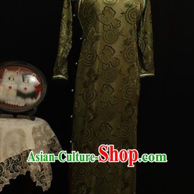Chinese Traditional Olive Green Velvet Cheongsam Costume Republic of China Mandarin Qipao Dress for Women