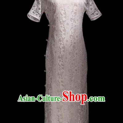 Chinese Traditional White Lace Cheongsam Costume Republic of China Mandarin Qipao Dress for Women