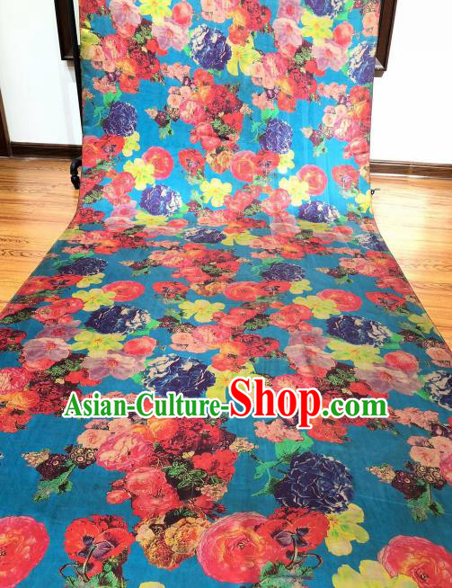 Asian Chinese Traditional Flowers Pattern Design Blue Gambiered Guangdong Gauze Fabric Silk Material Asian Chinese Traditional Flowers Pattern Design Blue Gambiered Guangdong Gauze Fabric Silk Material