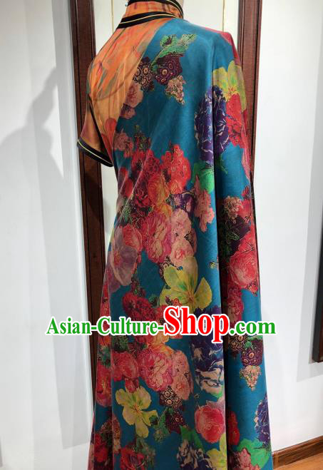 Asian Chinese Traditional Flowers Pattern Design Blue Gambiered Guangdong Gauze Fabric Silk Material Asian Chinese Traditional Flowers Pattern Design Blue Gambiered Guangdong Gauze Fabric Silk Material