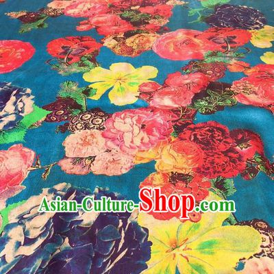 Asian Chinese Traditional Flowers Pattern Design Blue Gambiered Guangdong Gauze Fabric Silk Material