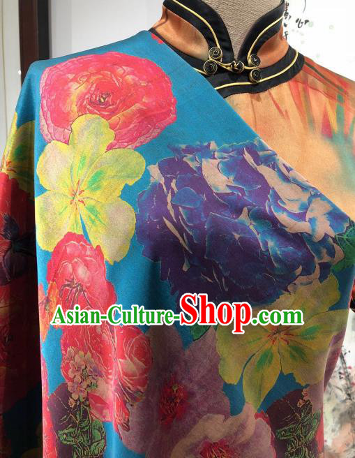 Asian Chinese Traditional Flowers Pattern Design Blue Gambiered Guangdong Gauze Fabric Silk Material Asian Chinese Traditional Flowers Pattern Design Blue Gambiered Guangdong Gauze Fabric Silk Material
