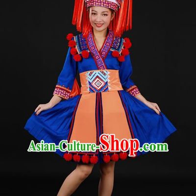 Chinese Traditional Yao Nationality Blue Short Dress Ethnic Minority Folk Dance Stage Show Costume for Women