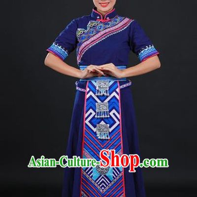 Chinese Traditional Zhuang Nationality Navy Long Dress Ethnic Minority Folk Dance Stage Show Costume for Women