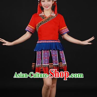 Chinese Traditional Yao Nationality Red Short Dress Ethnic Minority Folk Dance Stage Show Costume for Women