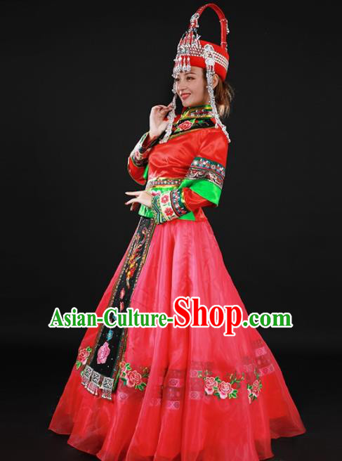 Chinese Traditional She Nationality Rosy Long Dress Ethnic Minority Folk Dance Stage Show Costume for Women