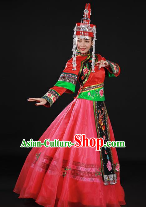 Chinese Traditional She Nationality Rosy Long Dress Ethnic Minority Folk Dance Stage Show Costume for Women