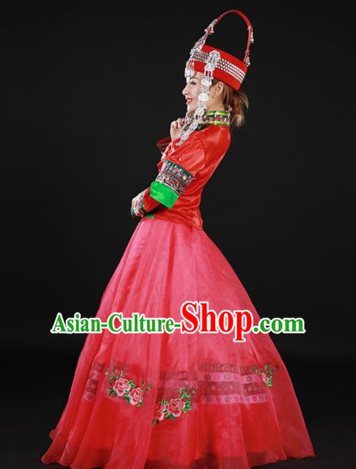 Chinese Traditional She Nationality Rosy Long Dress Ethnic Minority Folk Dance Stage Show Costume for Women