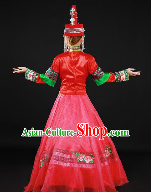 Chinese Traditional She Nationality Rosy Long Dress Ethnic Minority Folk Dance Stage Show Costume for Women