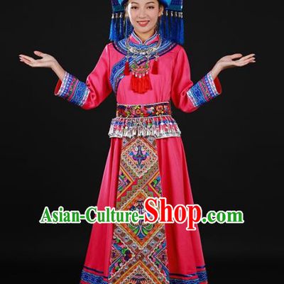 Chinese Traditional Zhuang Nationality Rosy Long Dress Ethnic Minority Folk Dance Stage Show Costume for Women