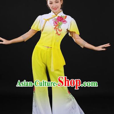 Chinese Spring Festival Gala Folk Dance Yellow Outfits Traditional Fan Dance Costume for Women