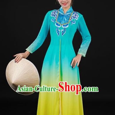 Chinese Traditional Jing Nationality Lake Blue Dress Ethnic Minority Folk Dance Stage Show Costume for Women