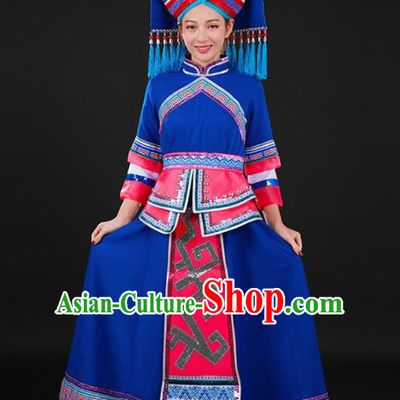 Chinese Traditional Zhuang Nationality Deep Blue Dress Ethnic Minority Folk Dance Stage Show Costume for Women