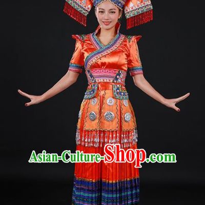 Chinese Traditional Zhuang Nationality Orange Long Dress Ethnic Minority Folk Dance Stage Show Costume for Women
