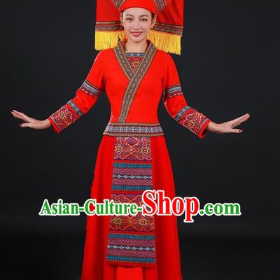 Chinese Traditional Zhuang Nationality Red Long Dress Ethnic Minority Folk Dance Stage Show Costume for Women