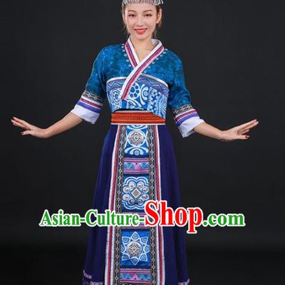 Chinese Traditional Dong Nationality Stage Show Navy Long Dress Ethnic Minority Folk Dance Costume for Women