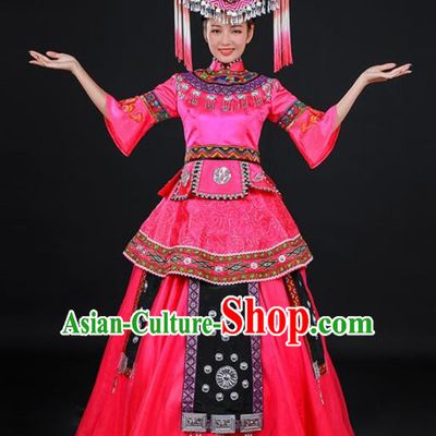 Chinese Traditional Zhuang Nationality Stage Show Embroidered Rosy Dress Ethnic Minority Folk Dance Costume for Women