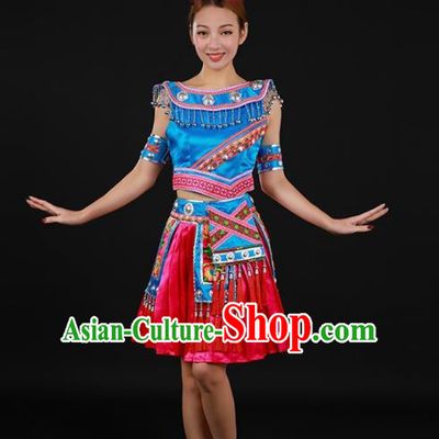 Chinese Traditional Miao Nationality Blue Blouse and Rosy Skirt Ethnic Minority Folk Dance Stage Show Costume for Women